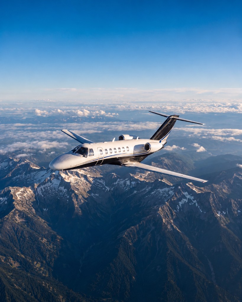 Citation business jet in flight over snow-capped mountains during a Part 135 fleet photography refresh