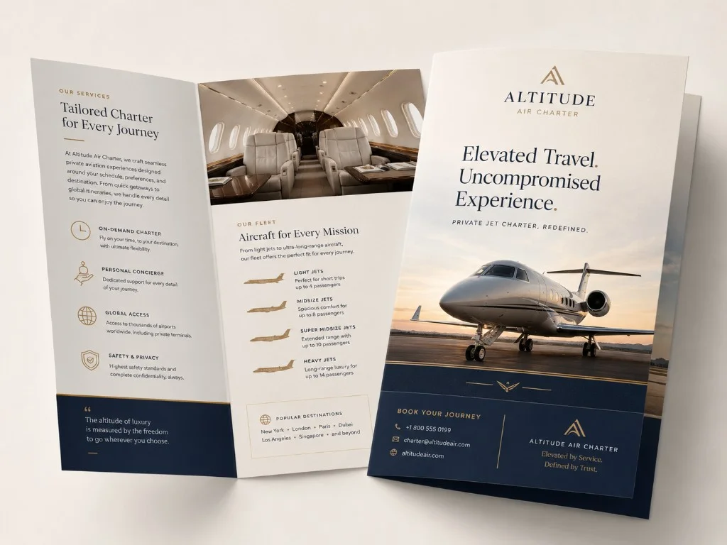 Tri-fold private jet charter brochure mockup with aircraft exterior, cabin interior, and service overview panels