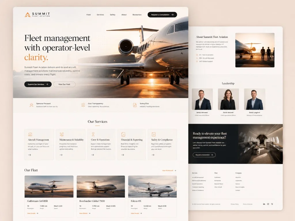 Private aviation website mockup with fleet pages, aircraft cards, and charter operator homepage layout