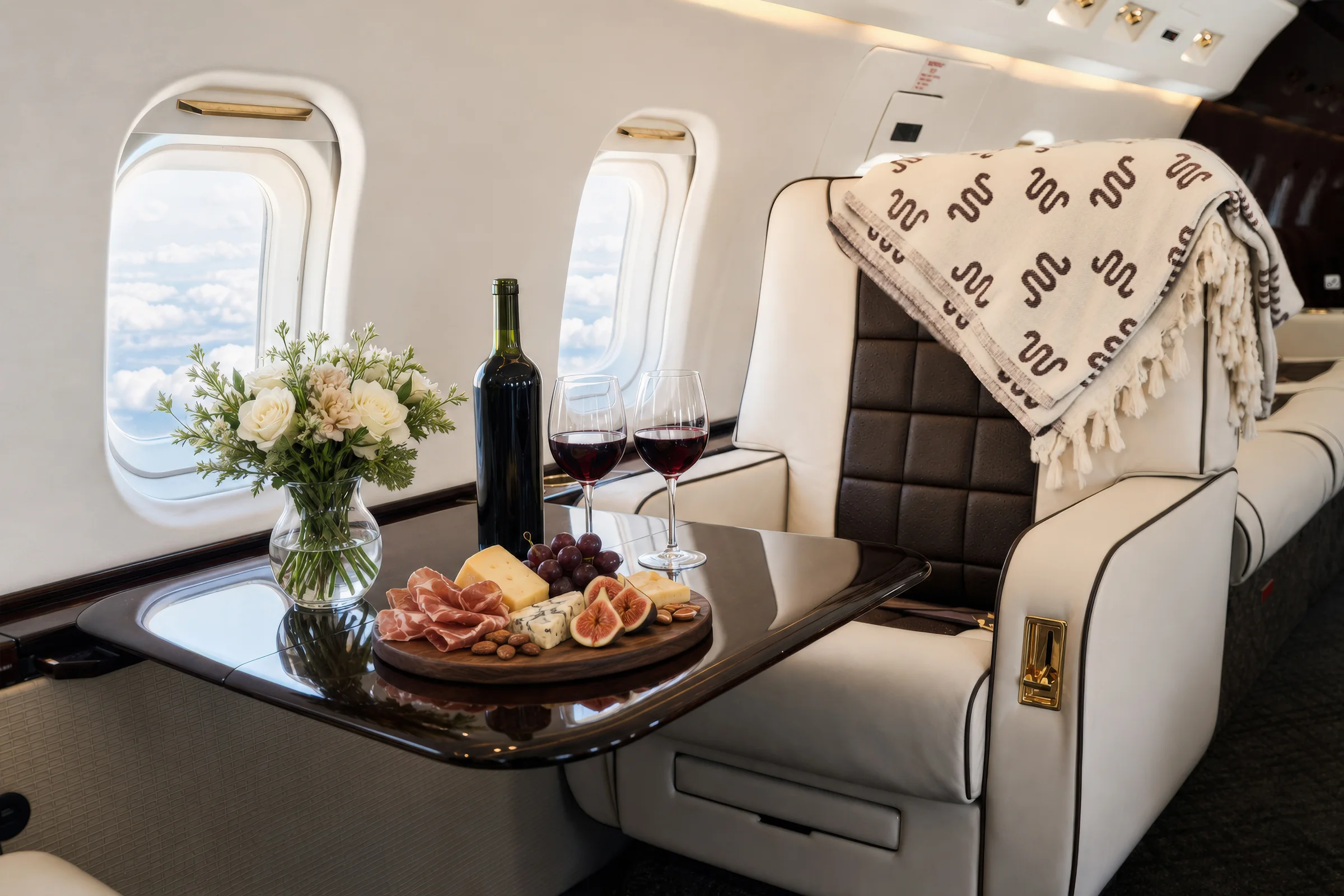 Challenger 350 cabin prepared with table service