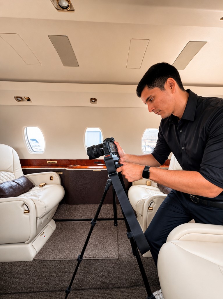 Josh McSwain photographing inside a private jet cabin