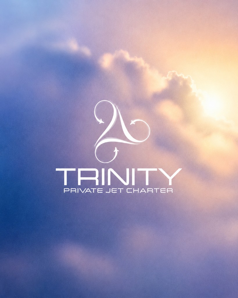 Trinity Private Jet Charter brand mark over golden cloudscape