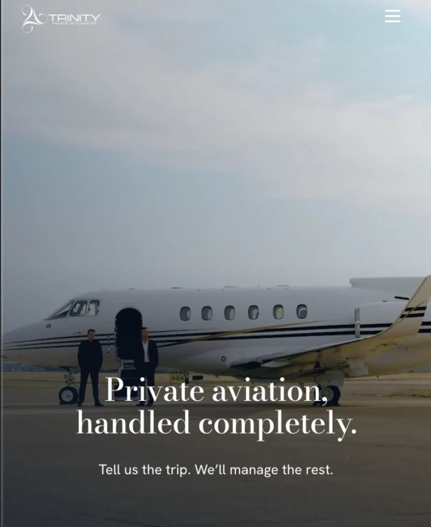 Trinity Jet homepage with private aviation charter messaging